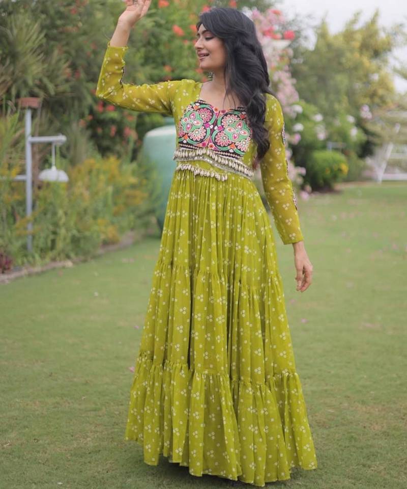 Green faux georgette printed flared gown set