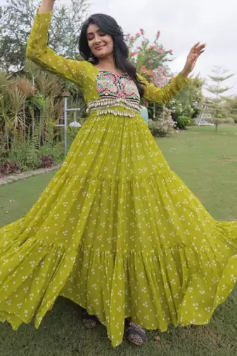 Green faux georgette printed flared gown set