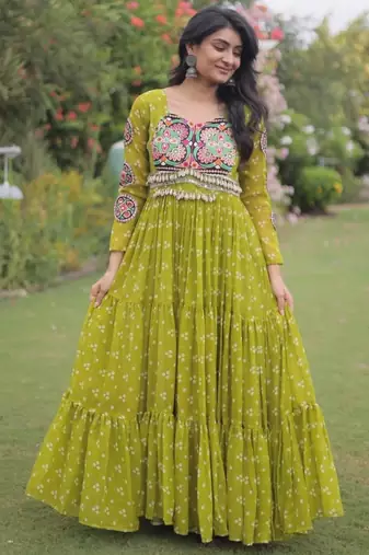 Green faux georgette printed flared gown set