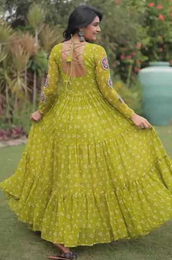 Green faux georgette printed flared gown set