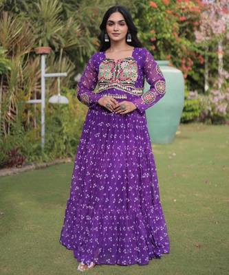 Purple faux georgette printed flared gown set 1