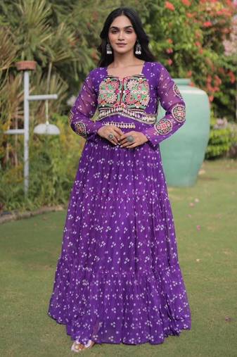Purple faux georgette printed flared gown set