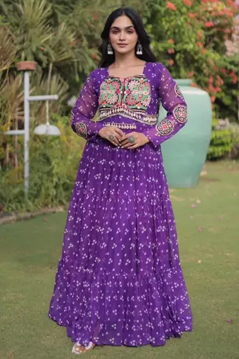 Purple faux georgette printed flared gown set