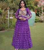 Purple faux georgette printed flared gown set
