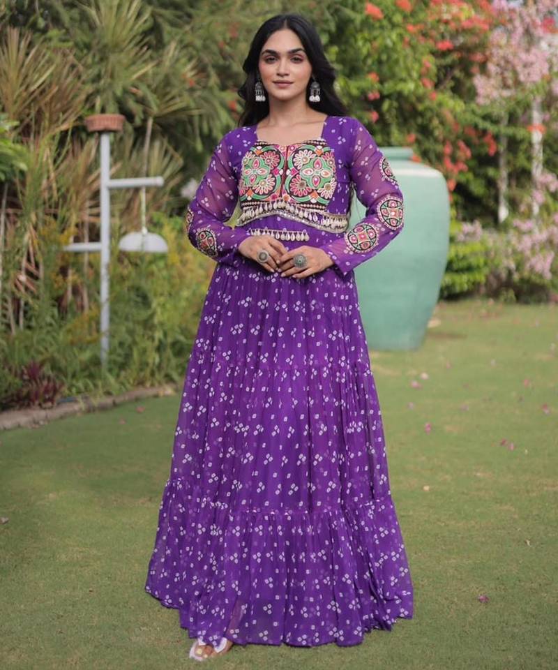 Purple faux georgette printed flared gown set