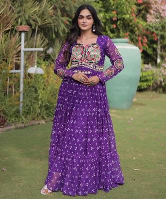 Purple faux georgette printed flared gown set 3