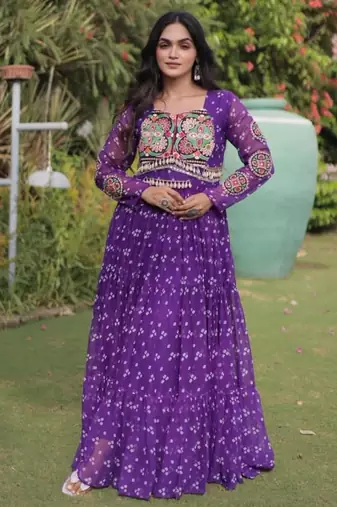 Purple faux georgette printed flared gown set