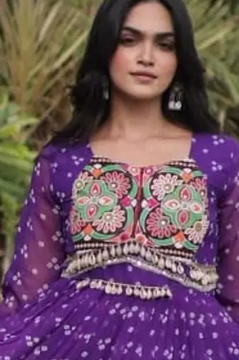 Purple faux georgette printed flared gown set