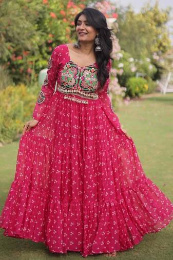 Hot-pink faux georgette printed flared gown set