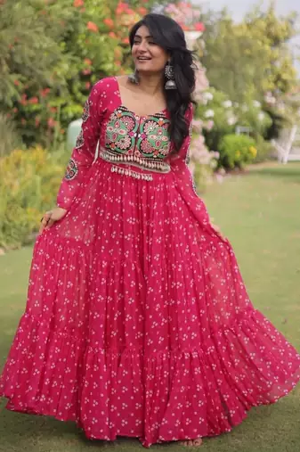 Hot-pink faux georgette printed flared gown set