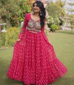 Hot-pink faux georgette printed flared gown set
