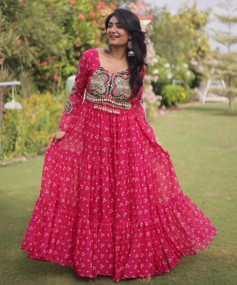 Hot-pink faux georgette printed flared gown set