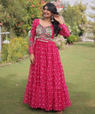 Hot-pink faux georgette printed flared gown set 2
