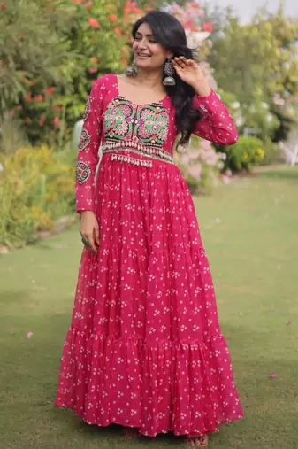 Hot-pink faux georgette printed flared gown set
