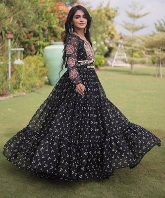 Black faux georgette printed flared gown set 1
