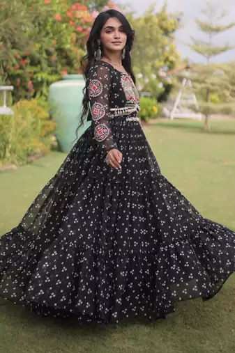 Black faux georgette printed flared gown set