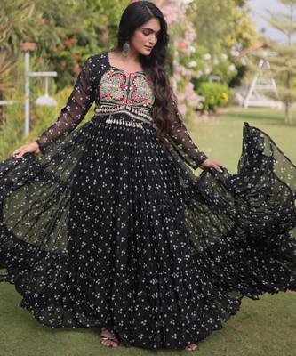 Black faux georgette printed flared gown set 2