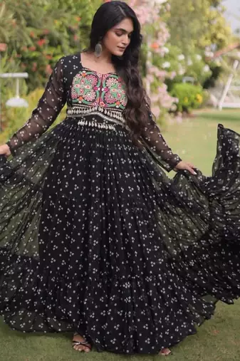 Black faux georgette printed flared gown set