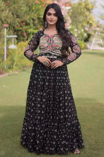 Black faux georgette printed flared gown set