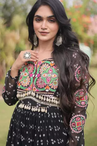 Black faux georgette printed flared gown set