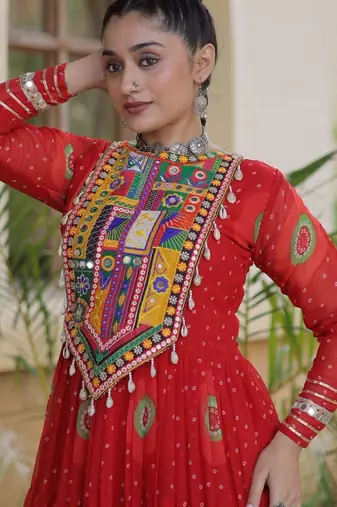 Red faux georgette printed flared gown set