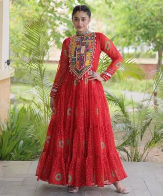 Red faux georgette printed flared gown set 1