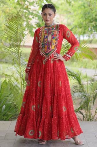 Red faux georgette printed flared gown set