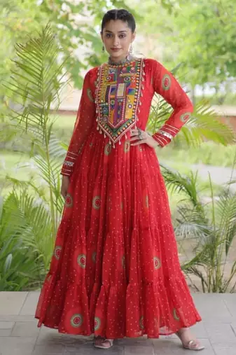 Red faux georgette printed flared gown set
