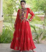 Red faux georgette printed flared gown set