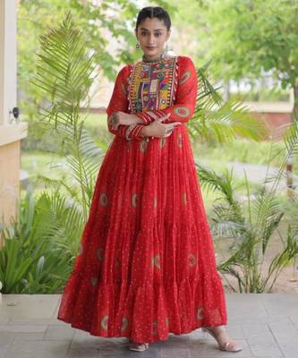 Red faux georgette printed flared gown set 4