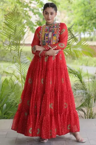 Red faux georgette printed flared gown set