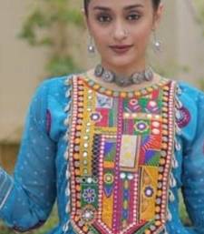Blue faux georgette printed flared gown set