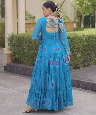 Blue faux georgette printed flared gown set 3