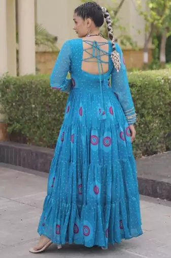 Blue faux georgette printed flared gown set