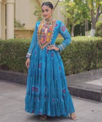 Blue faux georgette printed flared gown set 1