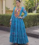 Blue faux georgette printed flared gown set