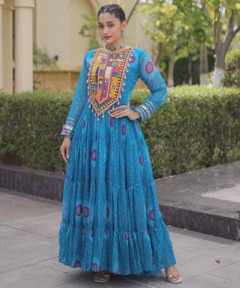 Blue faux georgette printed flared gown set