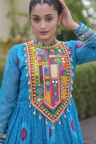 Blue faux georgette printed flared gown set