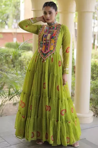 Lime faux georgette printed flared gown set