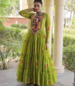 Lime faux georgette printed flared gown set