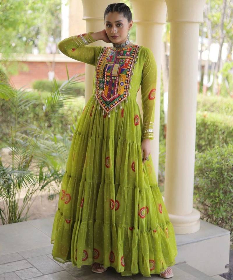 Lime faux georgette printed flared gown set