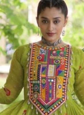 Lime faux georgette printed flared gown set 2