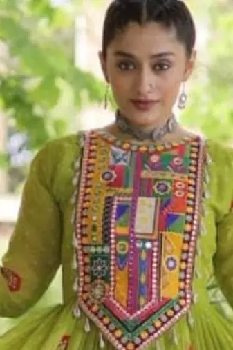 Lime faux georgette printed flared gown set