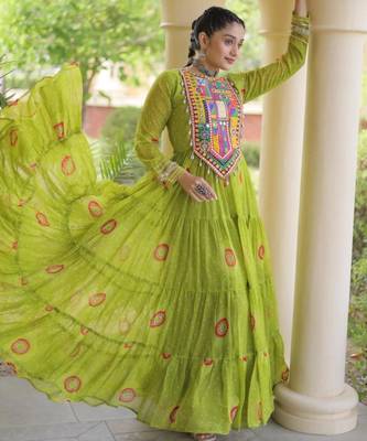 Lime faux georgette printed flared gown set 4