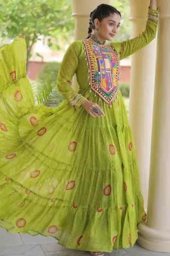 Lime faux georgette printed flared gown set