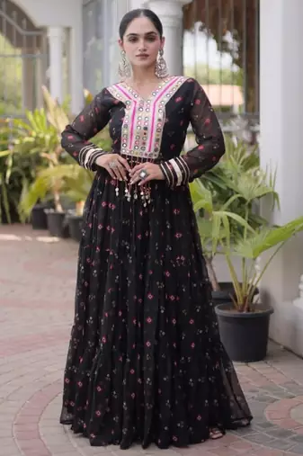 Black faux georgette printed flared gown set