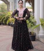 Black faux georgette printed flared gown set