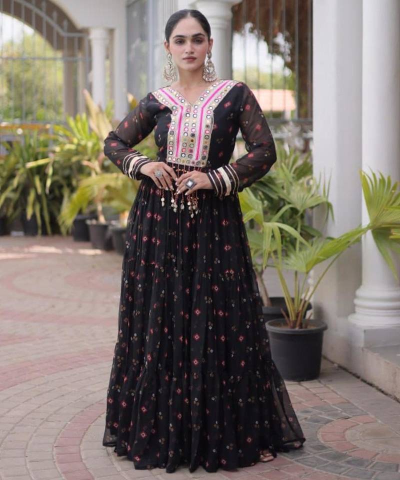 Black faux georgette printed flared gown set