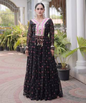 Black faux georgette printed flared gown set 2