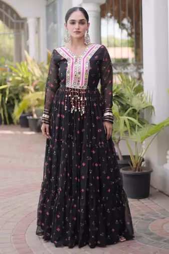 Black faux georgette printed flared gown set